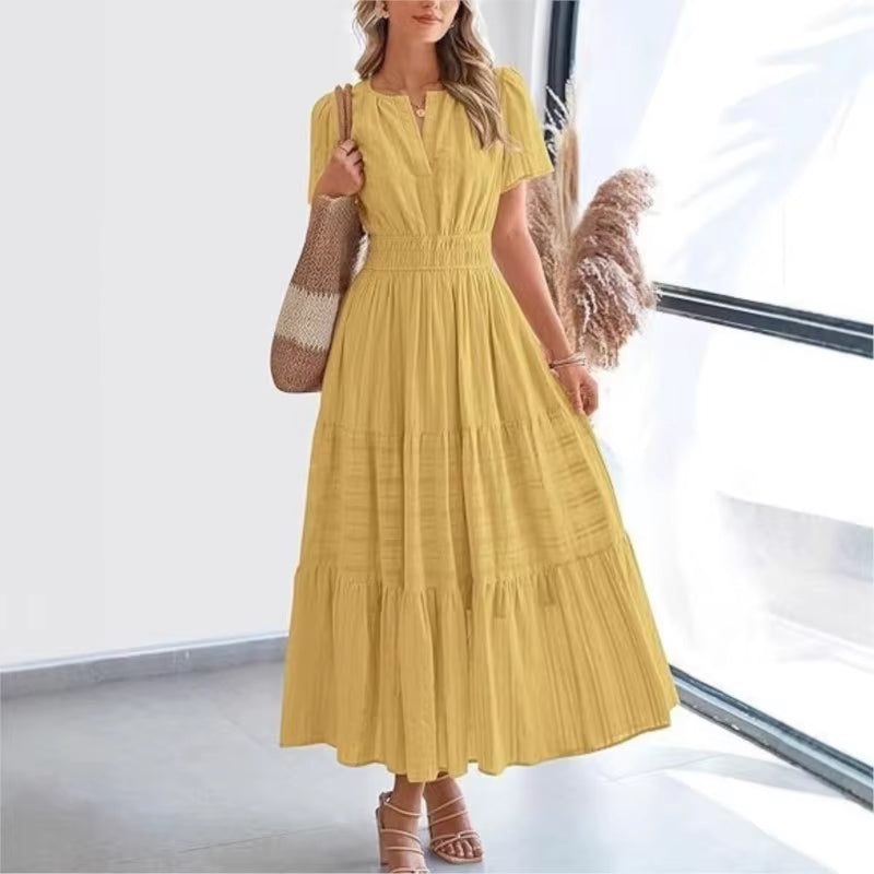 Women'S 2025 Summer Casual Dress Solid V Neck Pleated Bubble Sleeves Elastic Waistband plus Size Dresses Ruched Soft Long Dress