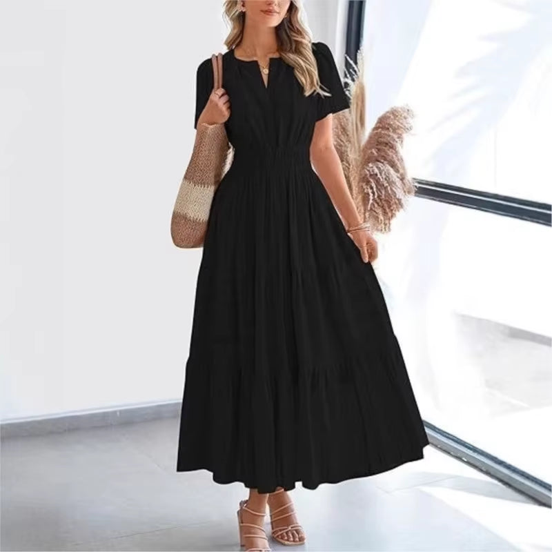 Women'S 2025 Summer Casual Dress Solid V Neck Pleated Bubble Sleeves Elastic Waistband plus Size Dresses Ruched Soft Long Dress